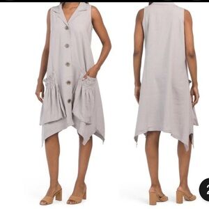 For Cynthia Linen Blend Sleeveless Shark Bite Hem Dress w/Pockets M